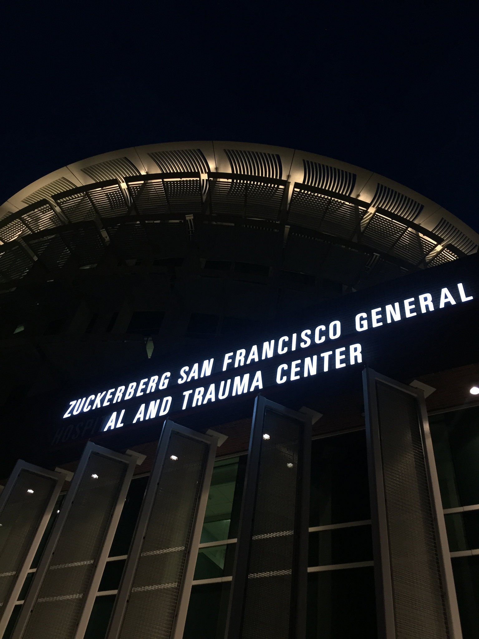 Zuckerberg Hospital at night