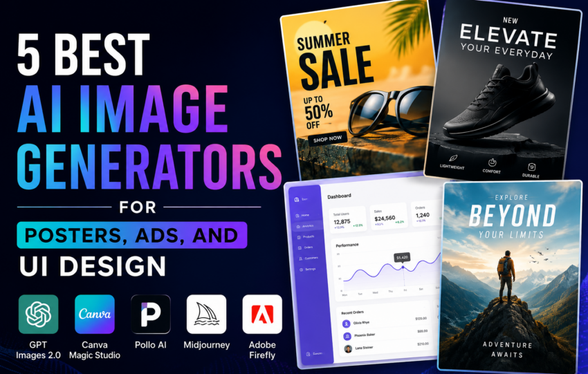 Featured graphic showcasing the top AI image generators for posters, ads, and UI design, including GPT Images 2.0, Canva Magic Studio, Pollo AI, Midjourney, and Adobe Firefly.