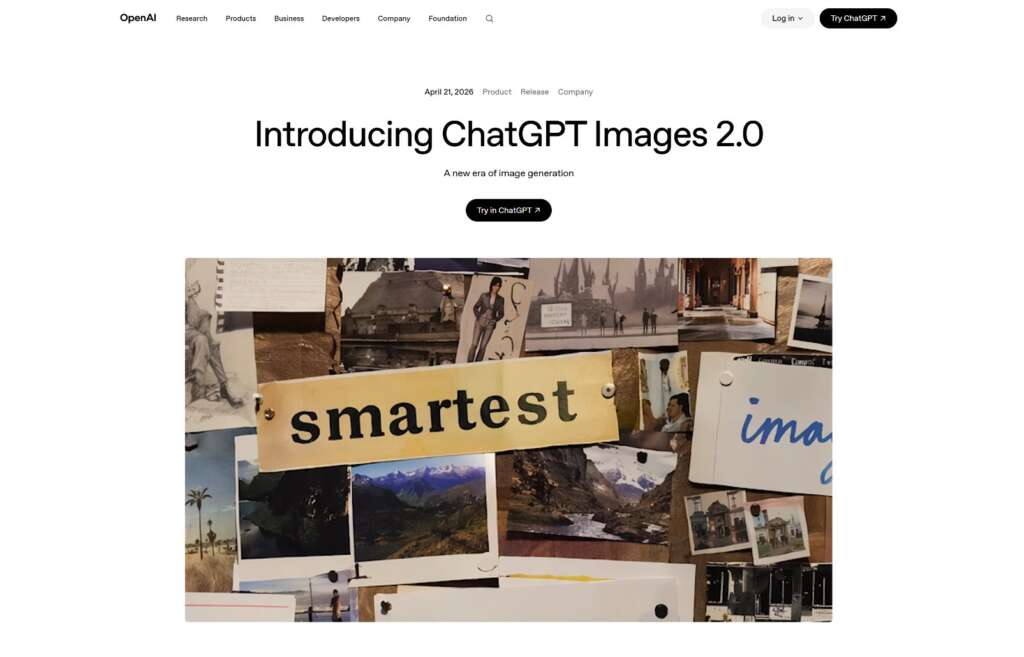 Screenshot of OpenAI’s “Introducing ChatGPT Images 2.0” webpage featuring a collage-style image board with photos, sketches, and the word “smartest” displayed prominently in the center.