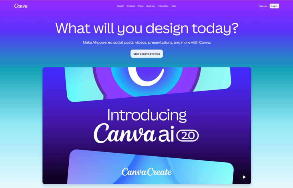 Screenshot of Canva’s homepage featuring the headline “What will you design today?” and a promotional banner introducing Canva AI 2.0 with a purple and blue gradient background.