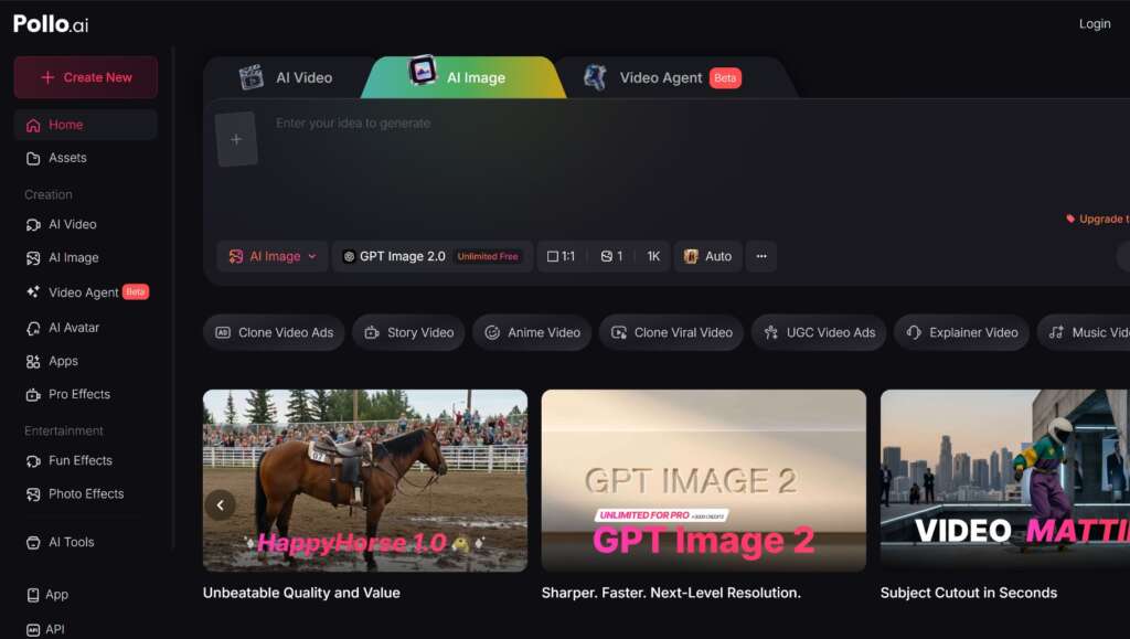 Screenshot of the Pollo.ai dashboard showing AI Image generation tools powered by GPT Image 2.0, with options for video creation, image generation, and AI content templates.