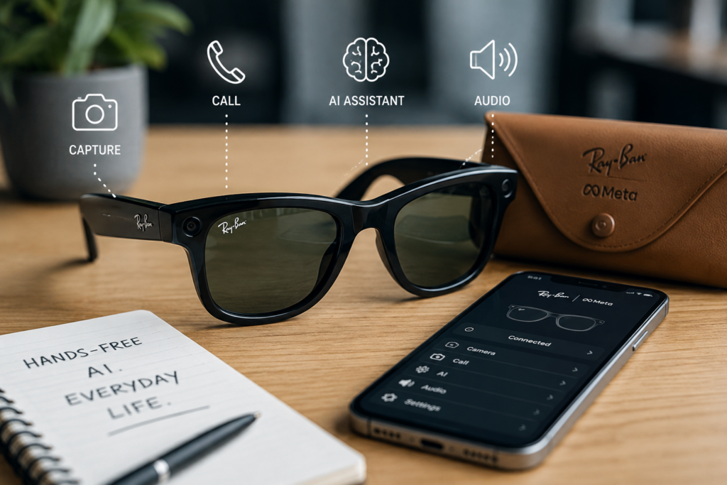 Ray-Ban Meta smart glasses with AI assistant and smartphone on a desk