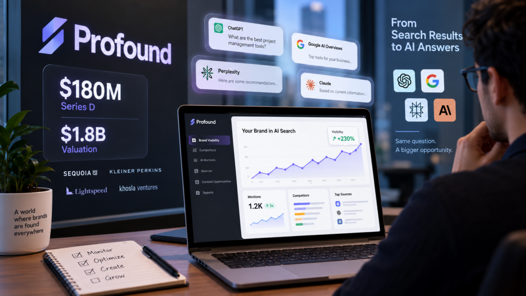 Profound AI search analytics platform showing brand visibility, AI mentions, competitors, and $180 million Series D funding