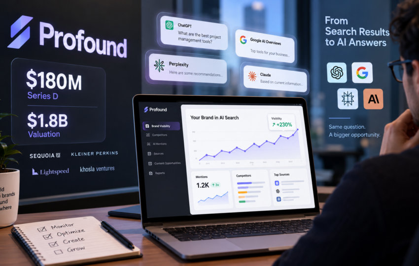 Profound AI search analytics platform showing brand visibility, AI mentions, competitors, and $180 million Series D funding