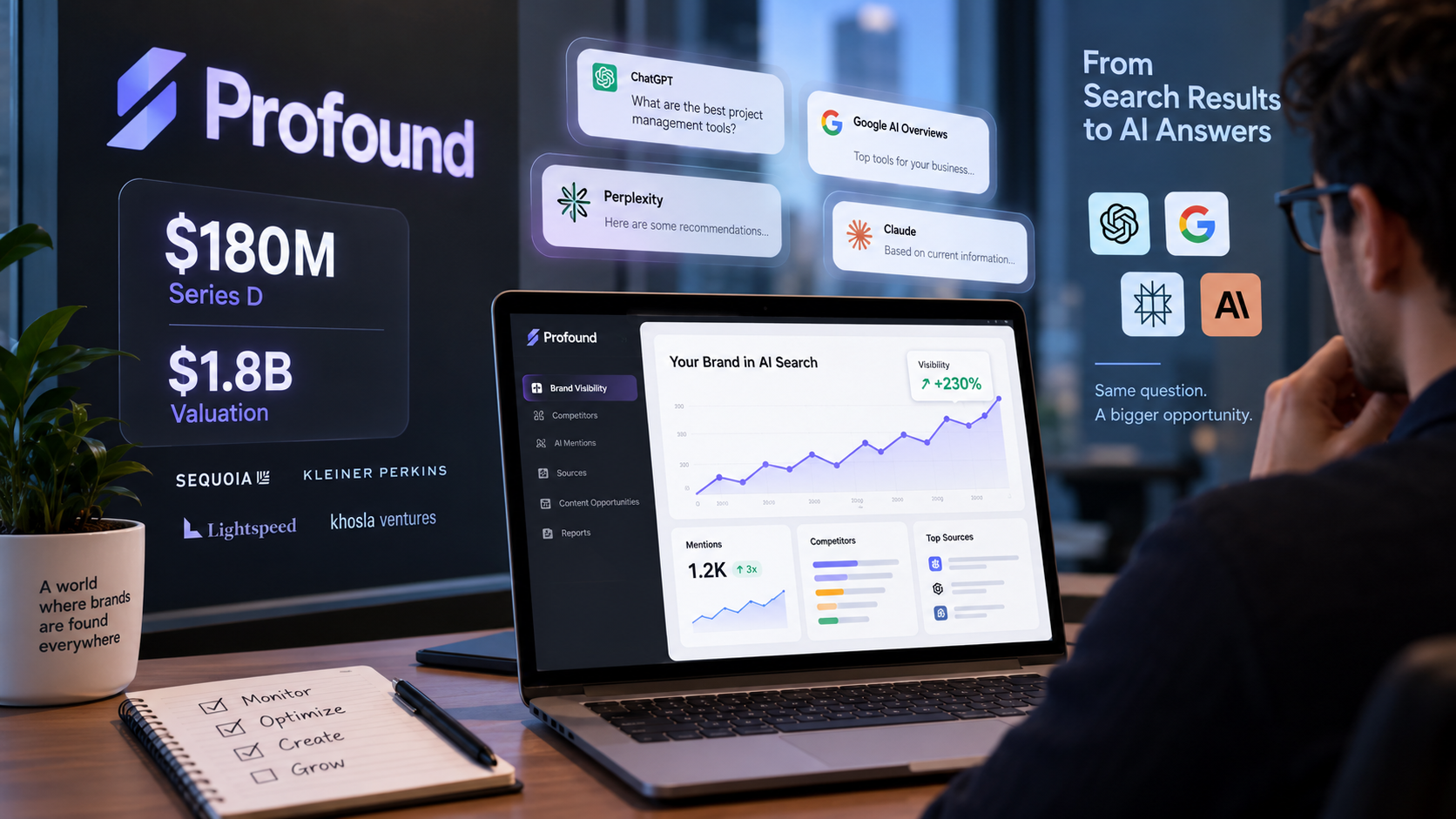 Profound AI search analytics platform showing brand visibility, AI mentions, competitors, and $180 million Series D funding