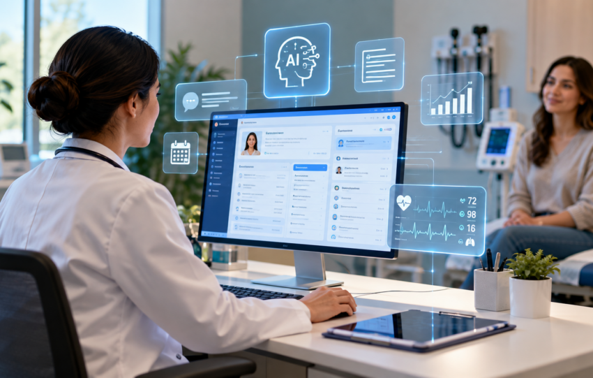 Doctor using AI-powered digital healthcare tools and an electronic health record system in a modern clinic