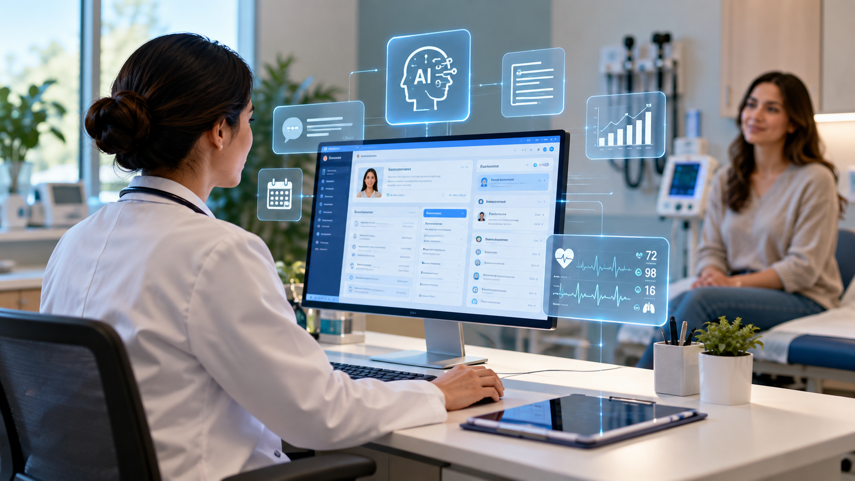 Doctor using AI-powered digital healthcare tools and an electronic health record system in a modern clinic