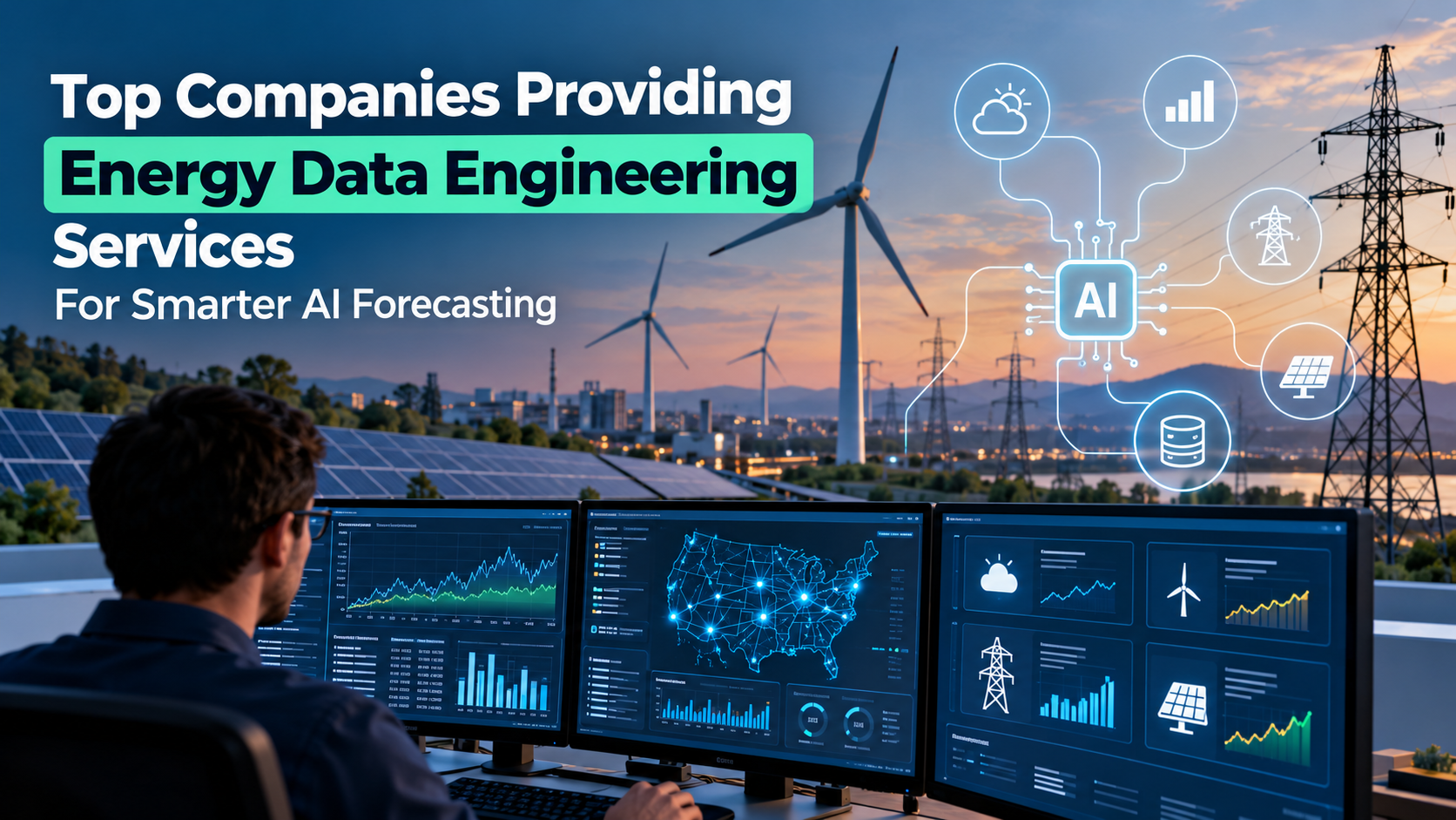 AI-powered energy data engineering dashboard showing smart grid analytics, solar and wind energy data, and AI forecasting.