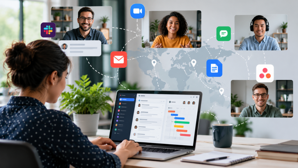 Distributed team using communication tools to collaborate across locations