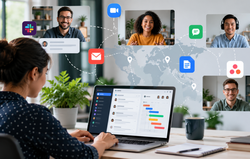 Distributed team using communication tools to collaborate across locations