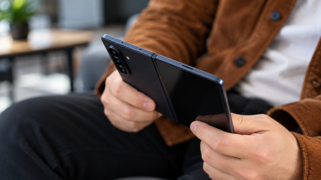 Ultra-thin foldable smartphone case showing slim protection and hinge design
