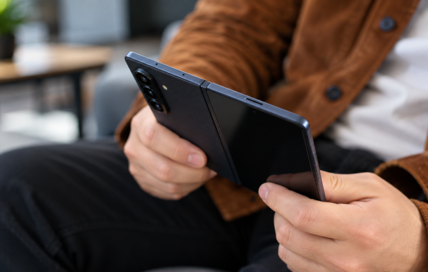 Ultra-thin foldable smartphone case showing slim protection and hinge design