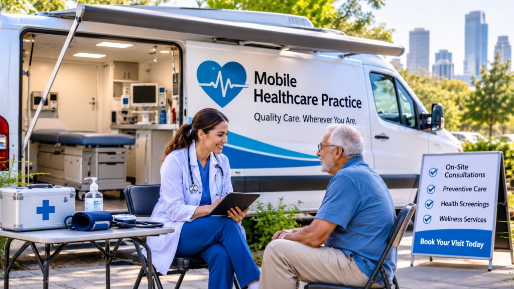 Mobile healthcare practice providing medical consultations and patient care using a fully equipped mobile medical vehicle.