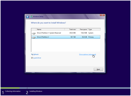 Drive options for Windows 8